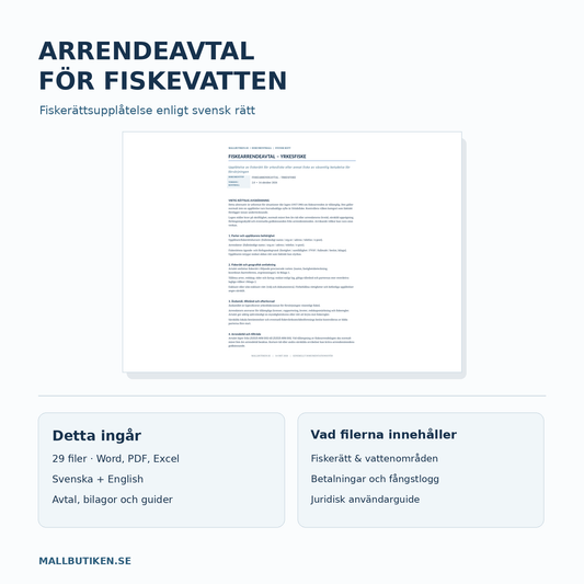 Arrendeavtal fiskevatten – 29 filer, Word PDF och Excel svenska och engelska, fiskeavtal och guider