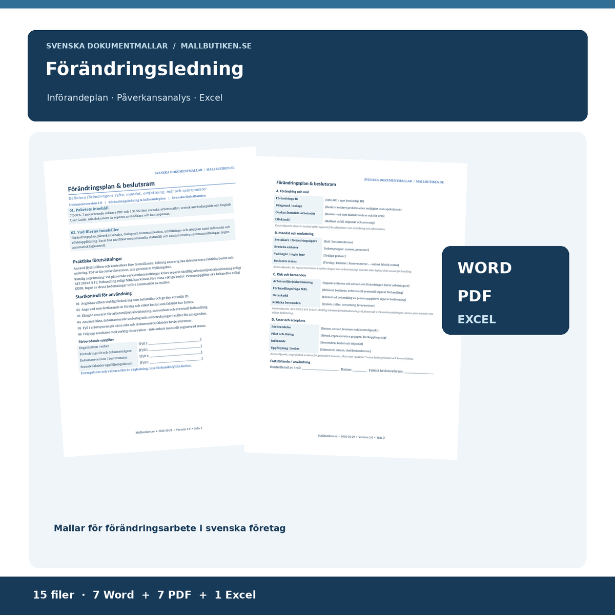 Förändringsledning och införandeplan – Word PDF Excel dokumentpaket från verkliga mallar