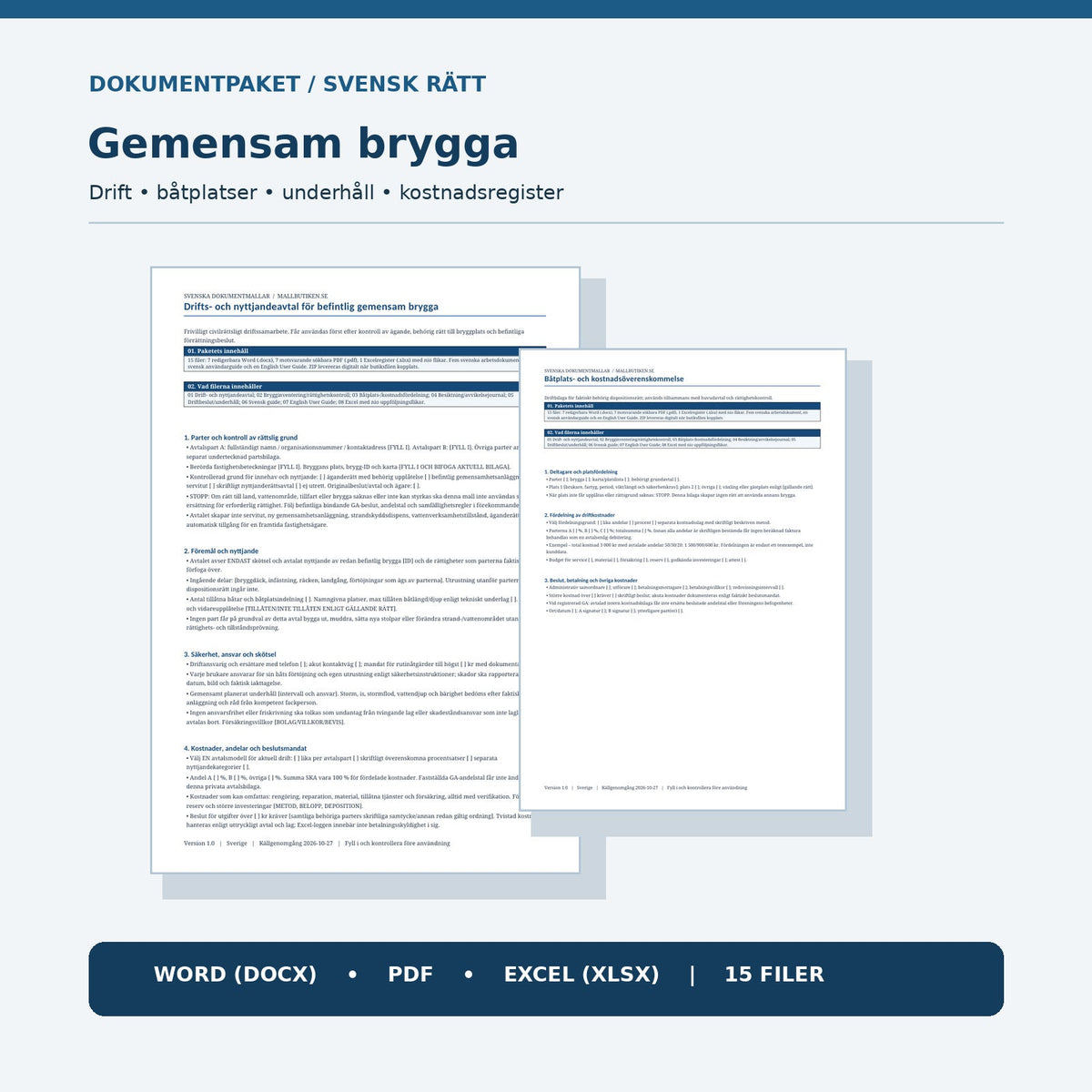Gemensam brygga drift- och kostnadsavtal – Word PDF Excel dokumentpaket med 15 filer