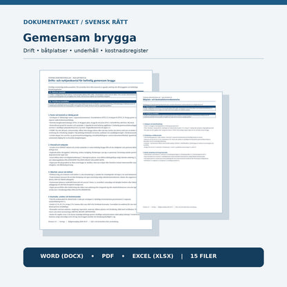 Gemensam brygga drift- och kostnadsavtal – Word PDF Excel dokumentpaket med 15 filer