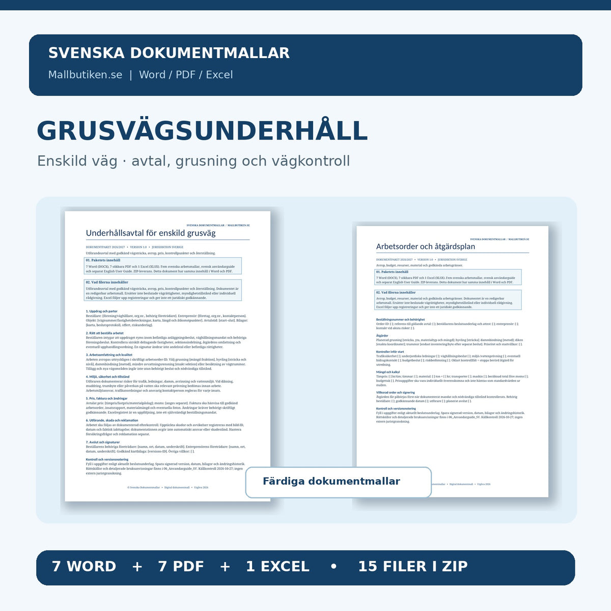Grusvägsunderhåll enskild väg – avtalsmall och dokumentpaket Word PDF Excel