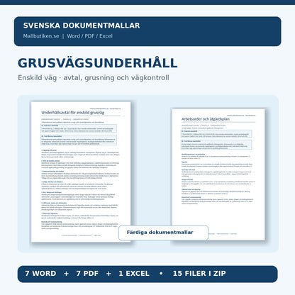 Grusvägsunderhåll enskild väg – avtalsmall och dokumentpaket Word PDF Excel