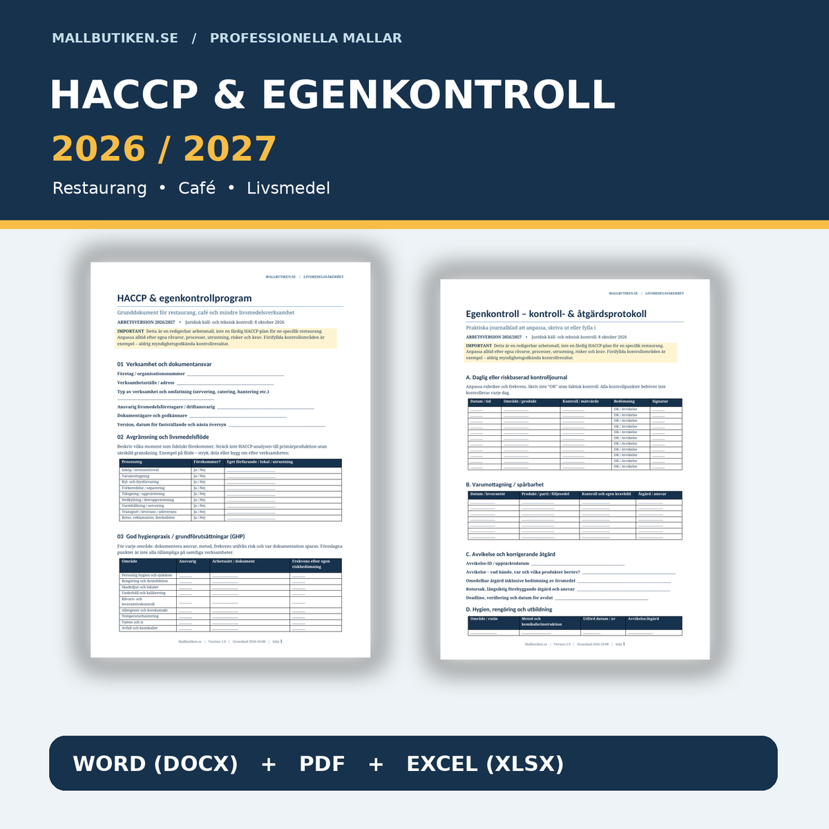 HACCP egenkontroll livsmedel mallpaket 2026 2027 restaurang Word PDF Excel