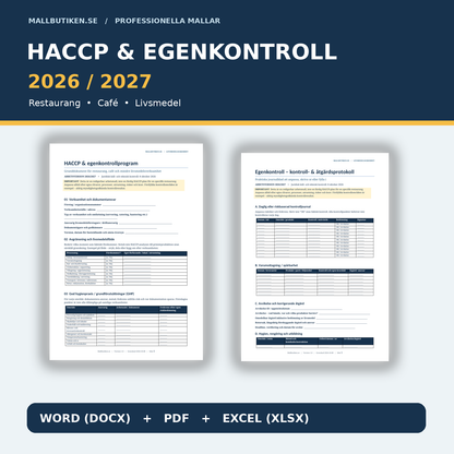 HACCP egenkontroll livsmedel mallpaket 2026 2027 restaurang Word PDF Excel