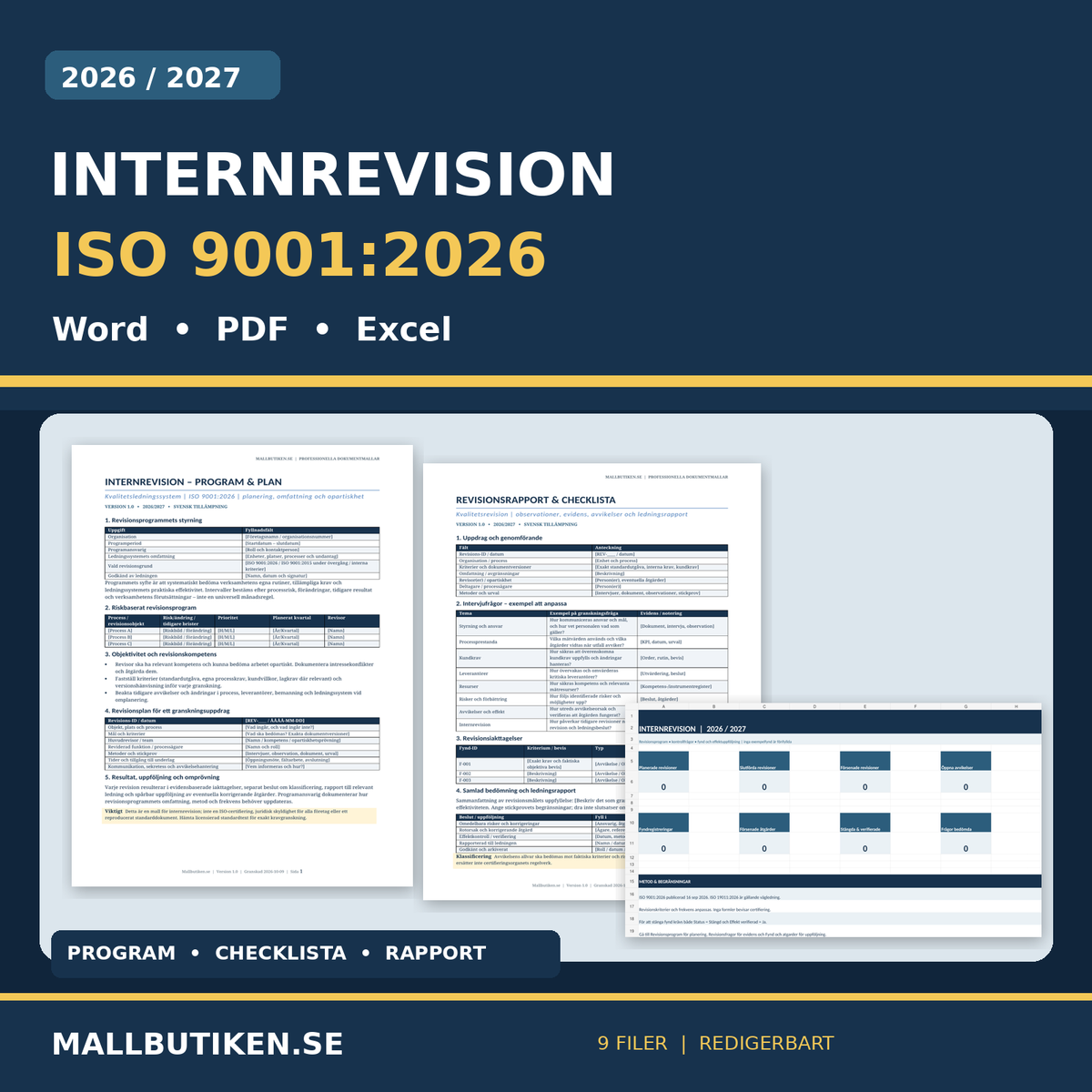 Internrevision ISO 9001:2026 revisionspaket mall Word PDF Excel 2026 2027