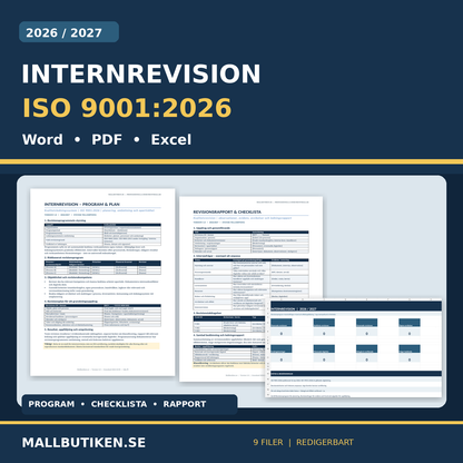 Internrevision ISO 9001:2026 revisionspaket mall Word PDF Excel 2026 2027