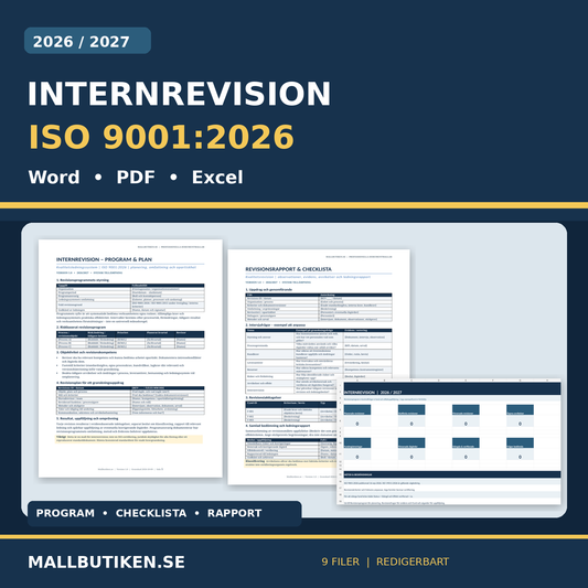 Internrevision ISO 9001:2026 revisionspaket mall Word PDF Excel 2026 2027