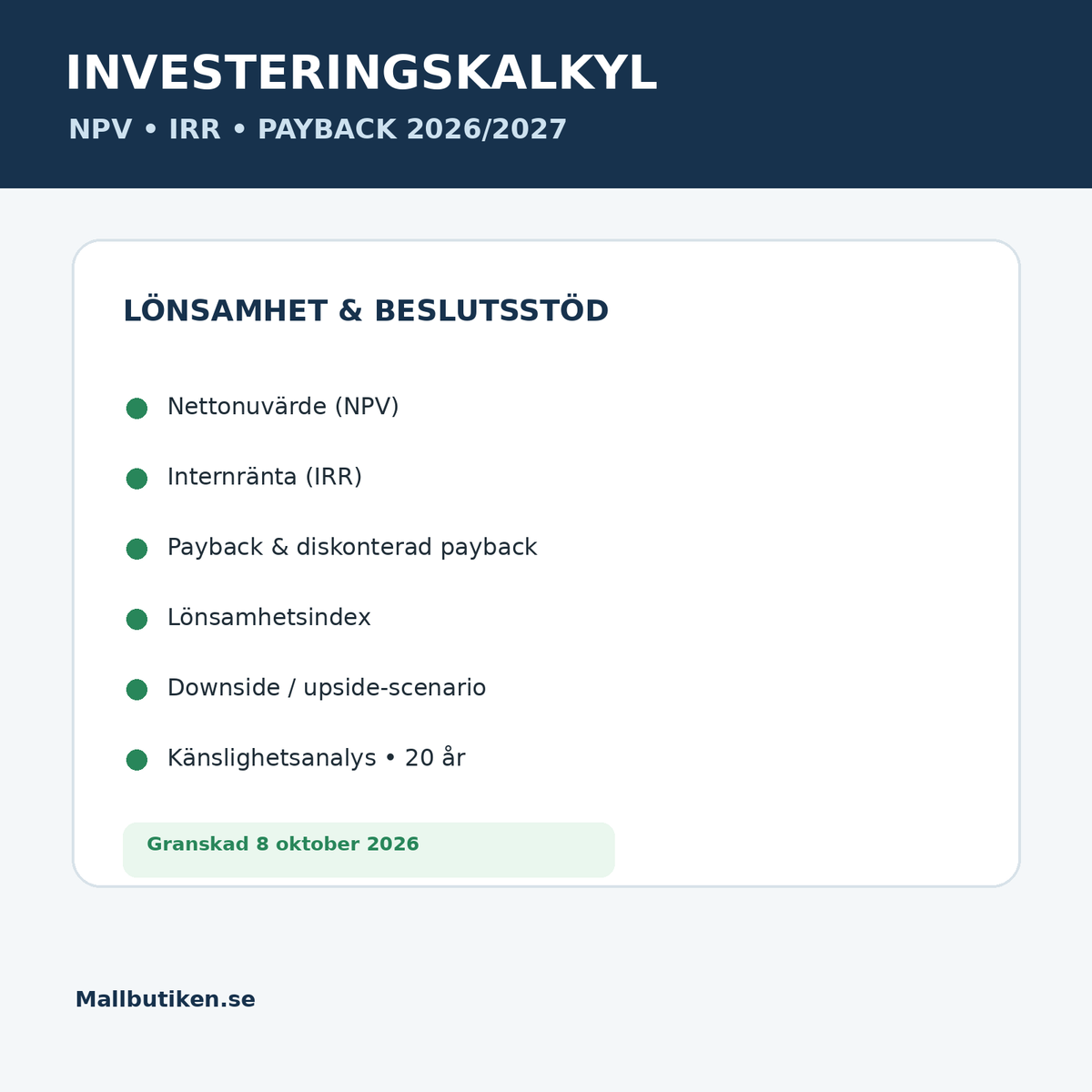 Investeringskalkyl 2026/2027 NPV IRR Payback Excel Word PDF svenska engelska