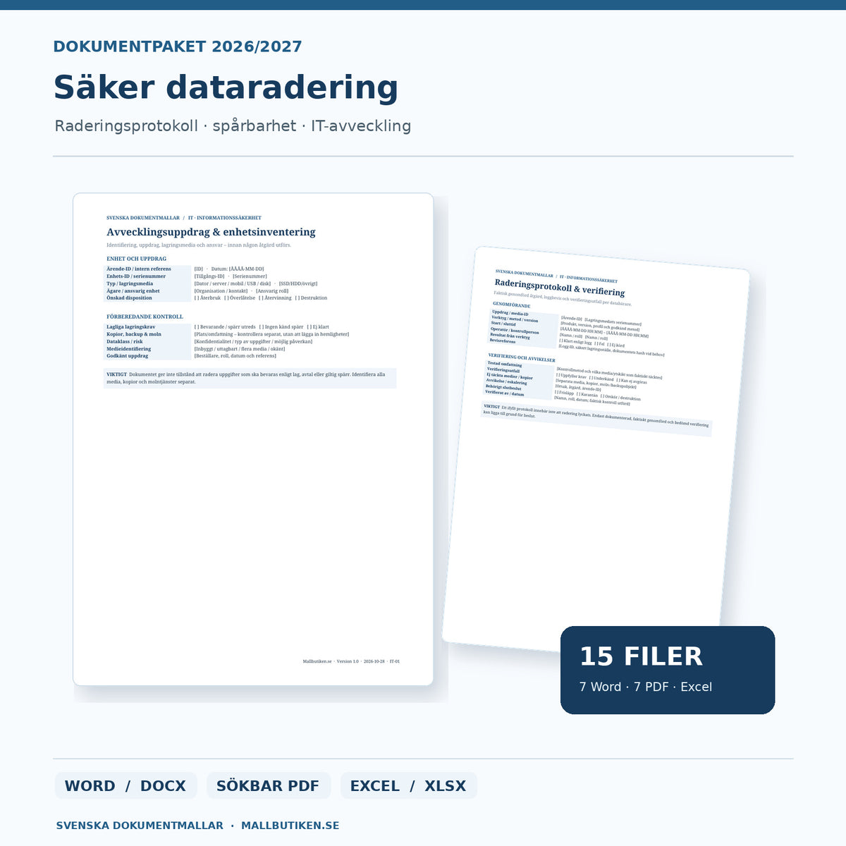 Säker dataradering och IT-avveckling – faktiskt raderingsprotokoll och Excelregister i Word PDF