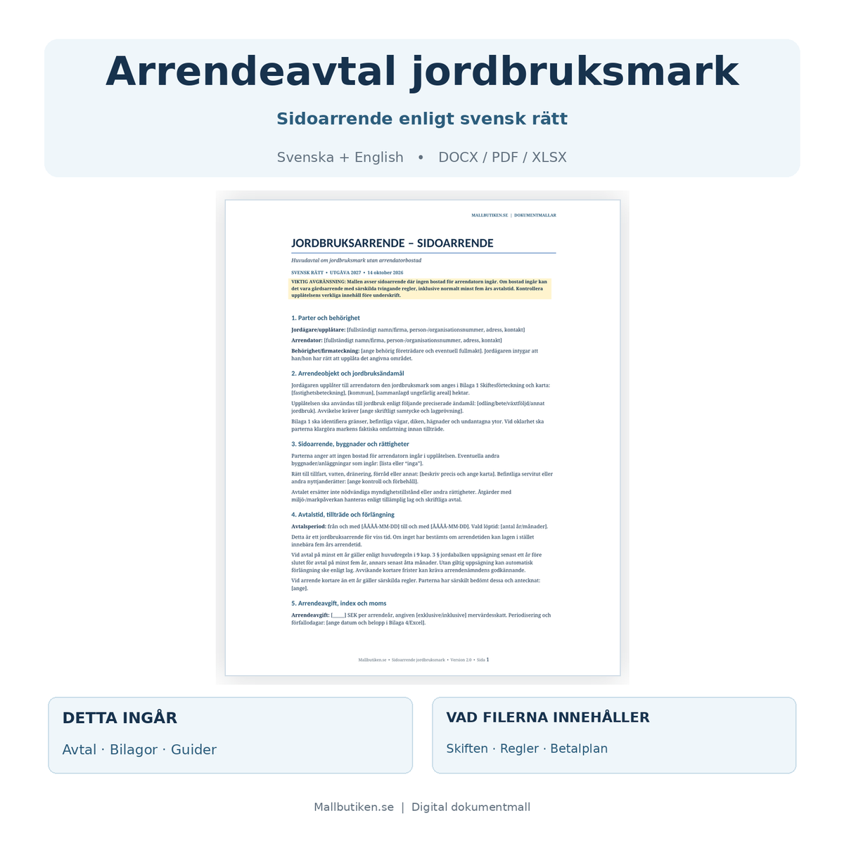Jordbruksarrende sidoarrende – svensk och engelsk mall i Word PDF Excel med bilagor och användarguider
