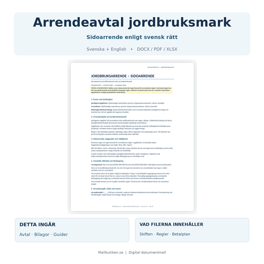 Jordbruksarrende sidoarrende – svensk och engelsk mall i Word PDF Excel med bilagor och användarguider