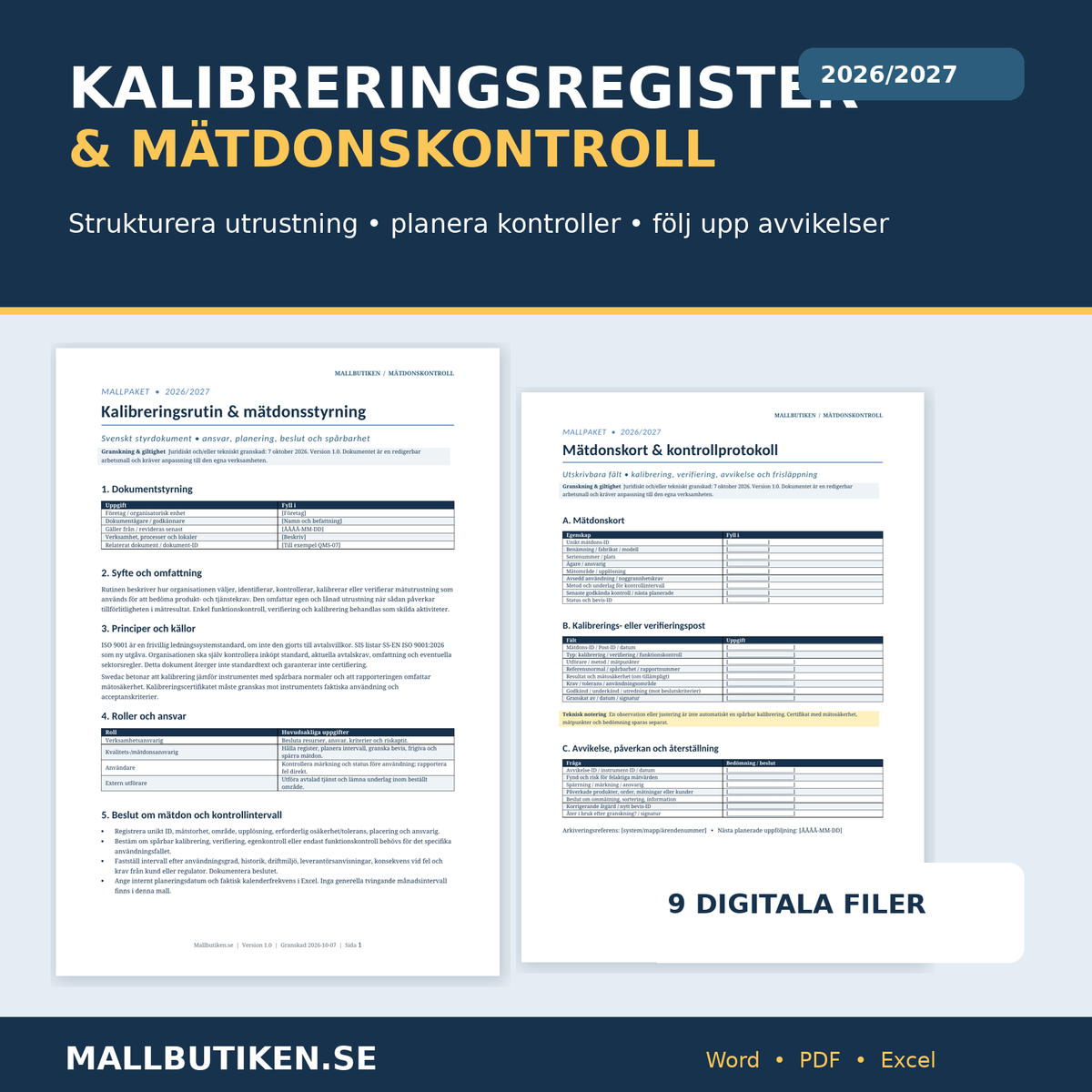 Kalibreringsregister och mätdonskontroll 2026 2027 Word PDF Excel mallpaket