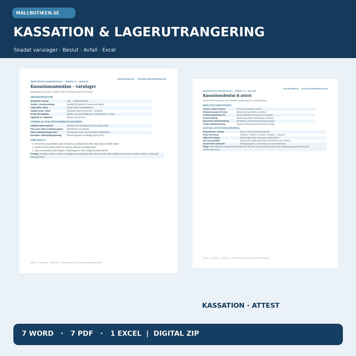 Kassationsprotokoll och lagerutrangering – förhandsvisning av faktiska Word- och PDF-mallar