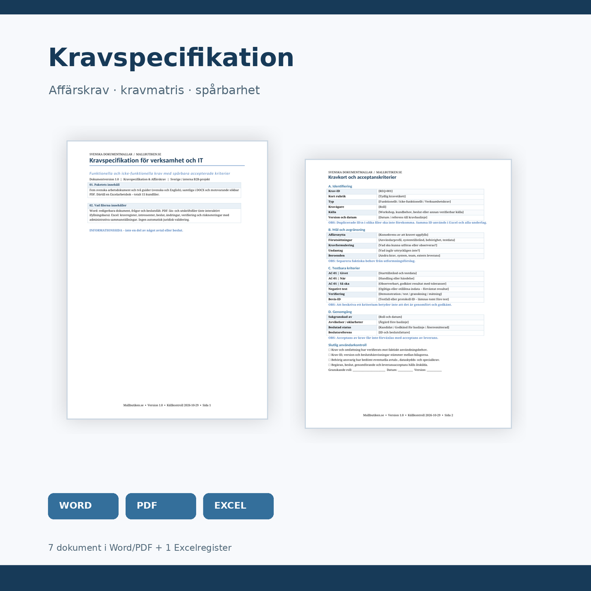Kravspecifikation och affärskrav, produktbild med Word och PDF-mallar