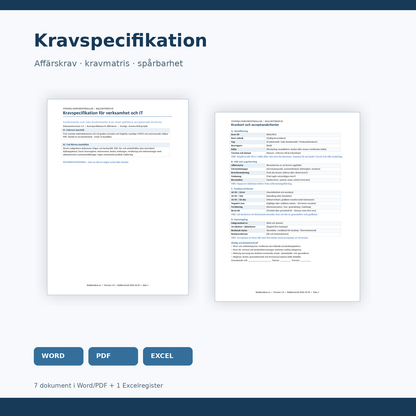 Kravspecifikation och affärskrav, produktbild med Word och PDF-mallar