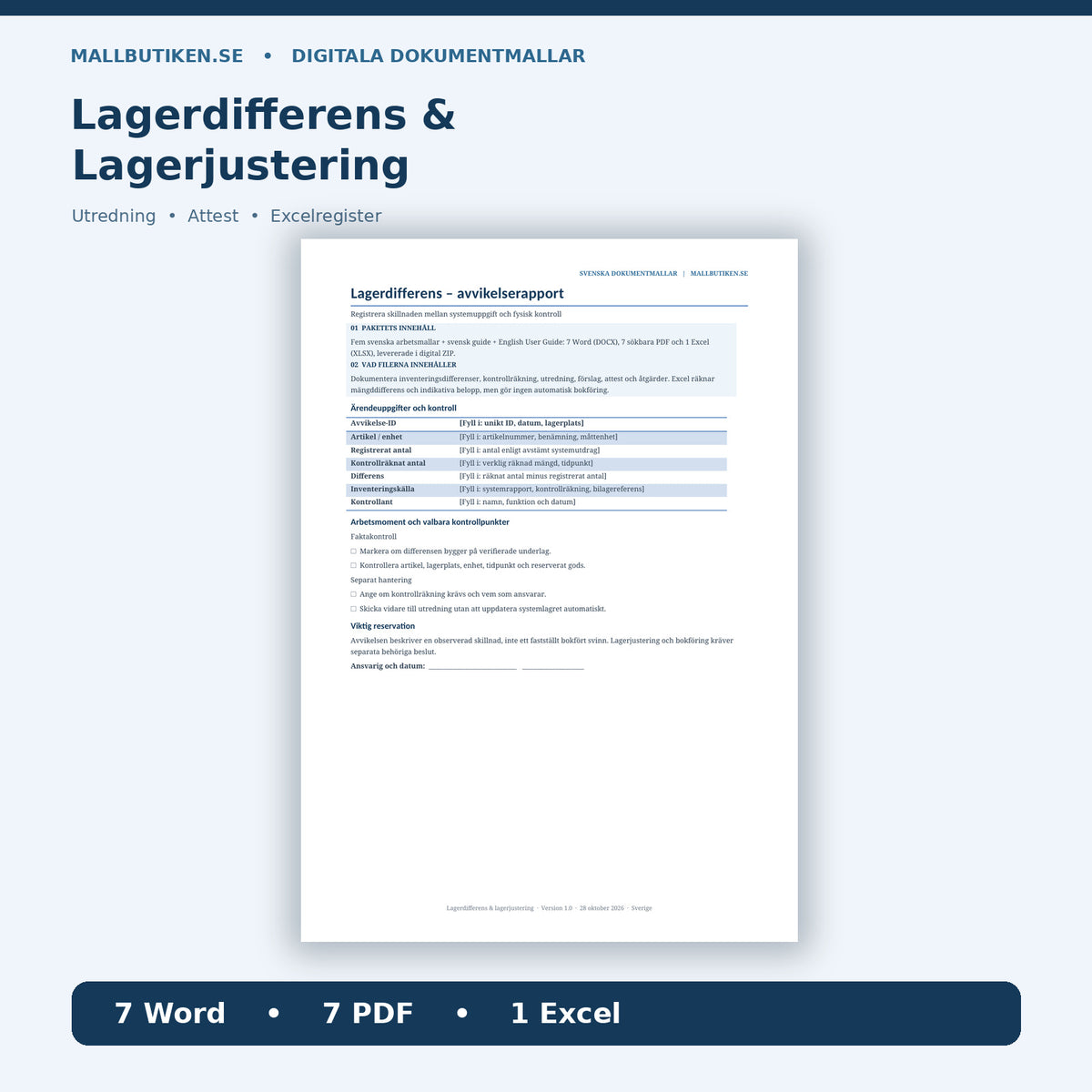 Lagerdifferens och lagerjustering 2026 2027, Word PDF Excel med faktisk avvikelserapport