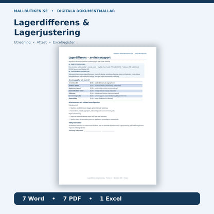 Lagerdifferens och lagerjustering 2026 2027, Word PDF Excel med faktisk avvikelserapport