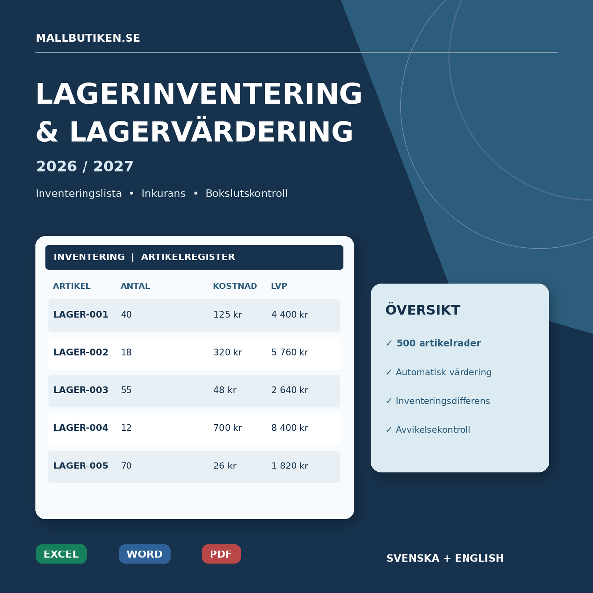 Lagerinventering & lagervärdering 2026/2027 mall i Excel Word PDF – svenska och engelska
