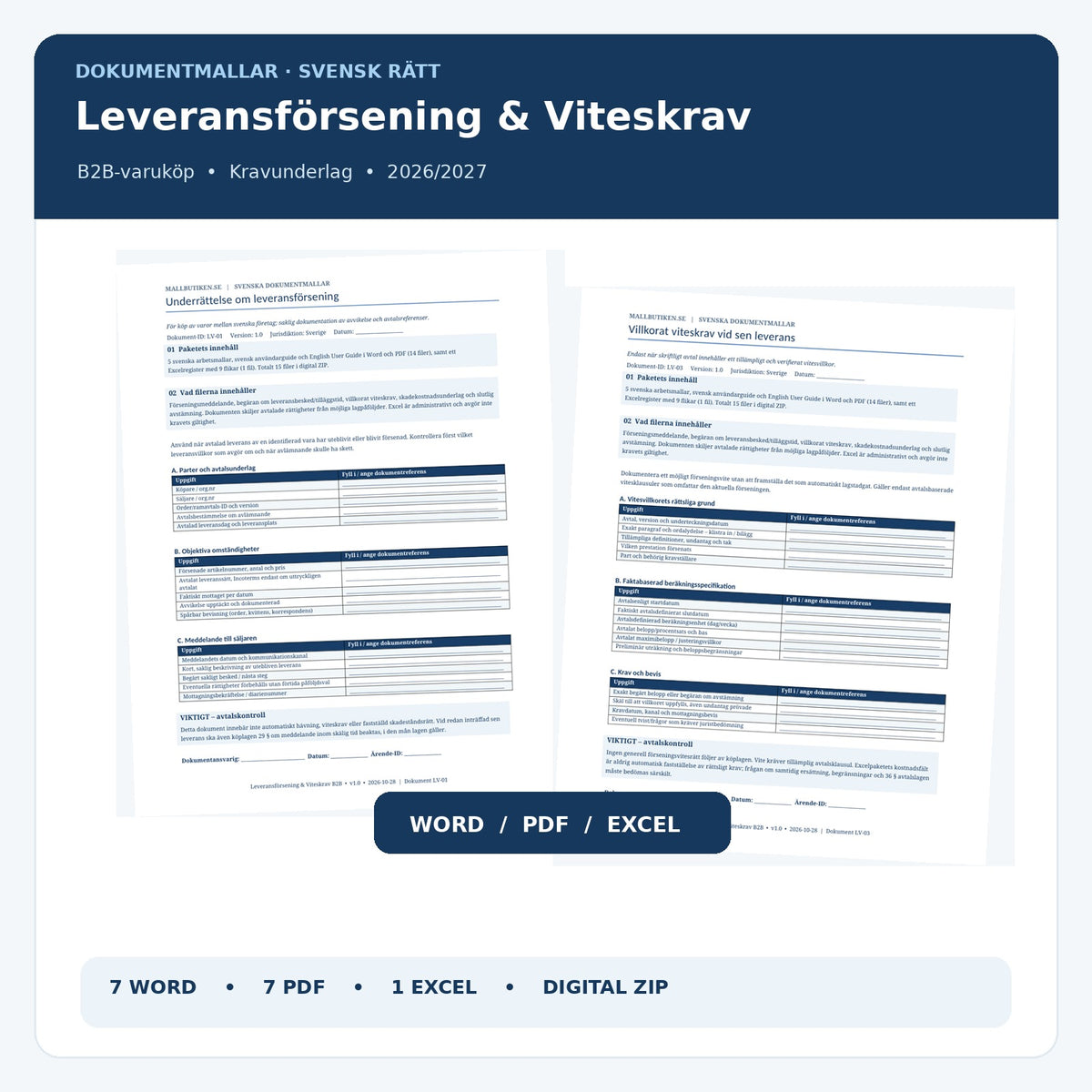 Leveransförsening och viteskrav B2B 2026/2027 i Word, PDF och Excel – verkliga dokumentförhandsvisningar