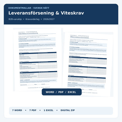 Leveransförsening och viteskrav B2B 2026/2027 i Word, PDF och Excel – verkliga dokumentförhandsvisningar