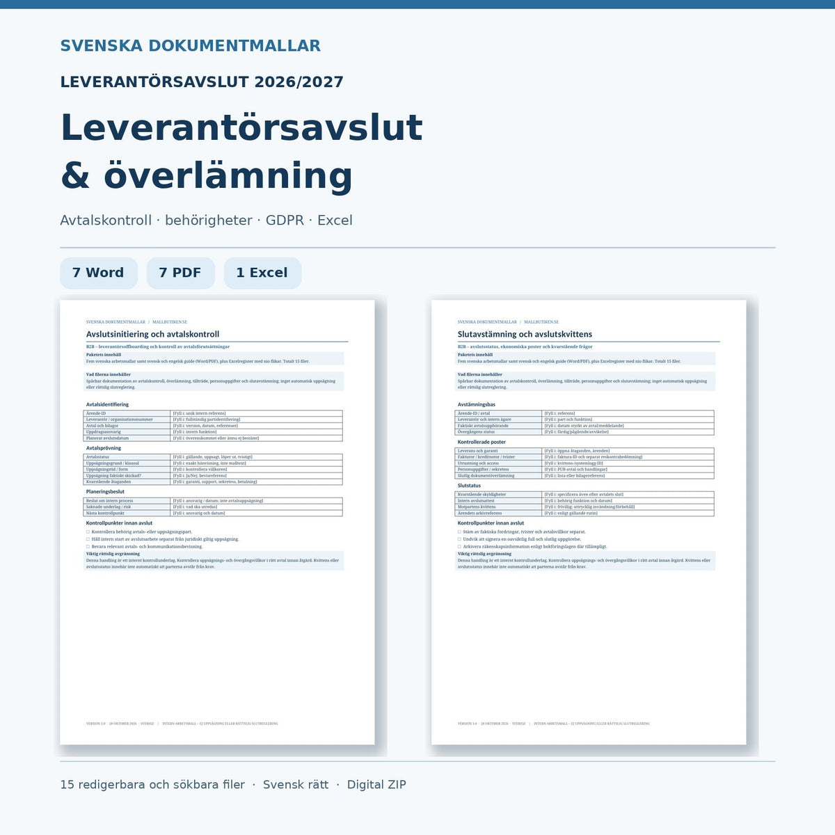 Leverantörsavslut och överlämning 2026/2027 – 15 Word PDF Excel-filer med verkliga dokumentmallar