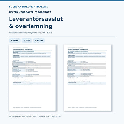 Leverantörsavslut och överlämning 2026/2027 – 15 Word PDF Excel-filer med verkliga dokumentmallar