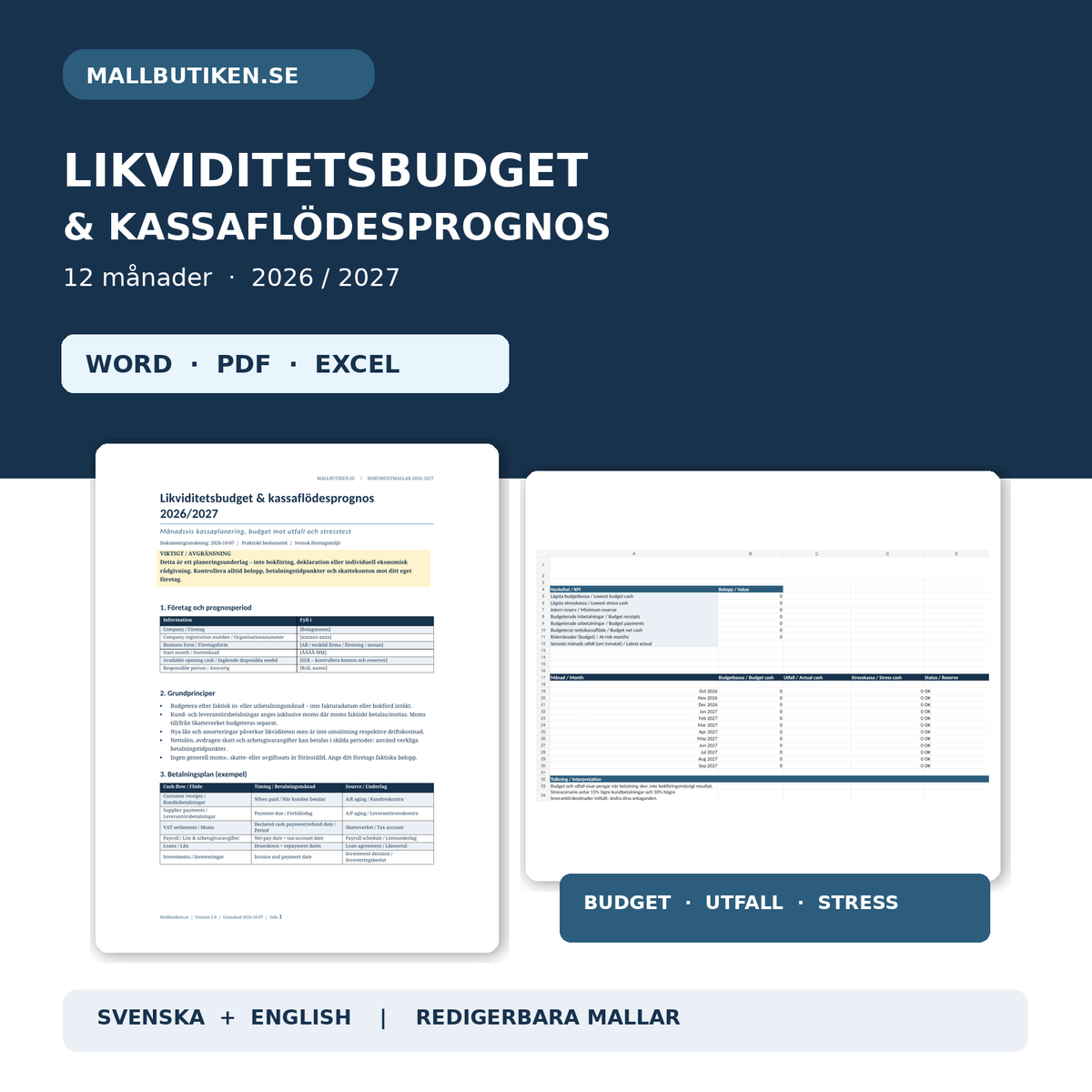 Likviditetsbudget 2026/2027 Excel Word PDF svenska engelska - Mallbutiken