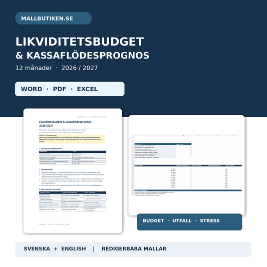 Likviditetsbudget 2026/2027 Excel Word PDF svenska engelska - Mallbutiken