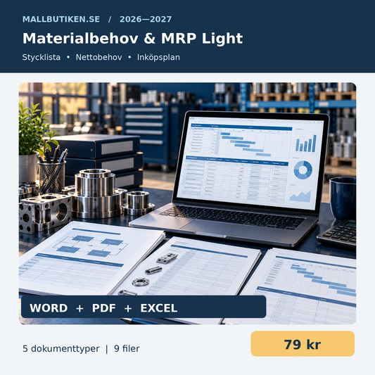 Materialbehov MRP Light 2026 2027 Excel Word PDF stycklista nettobehov och inköpsplan