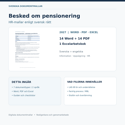 Besked om pensionering till anställd – HR-mallar LAS 69 år, 29 DOCX PDF Excel filer svenska engelska med guider