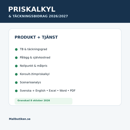 Priskalkyl och täckningsbidrag 2026/2027 för produkt och tjänst – Excel Word PDF