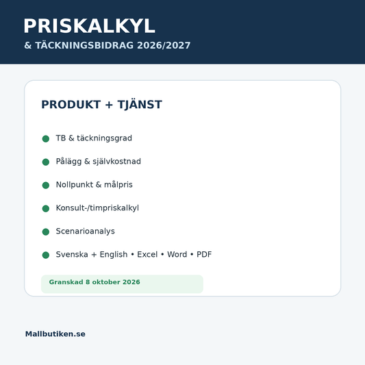 Priskalkyl och täckningsbidrag 2026/2027 för produkt och tjänst – Excel Word PDF
