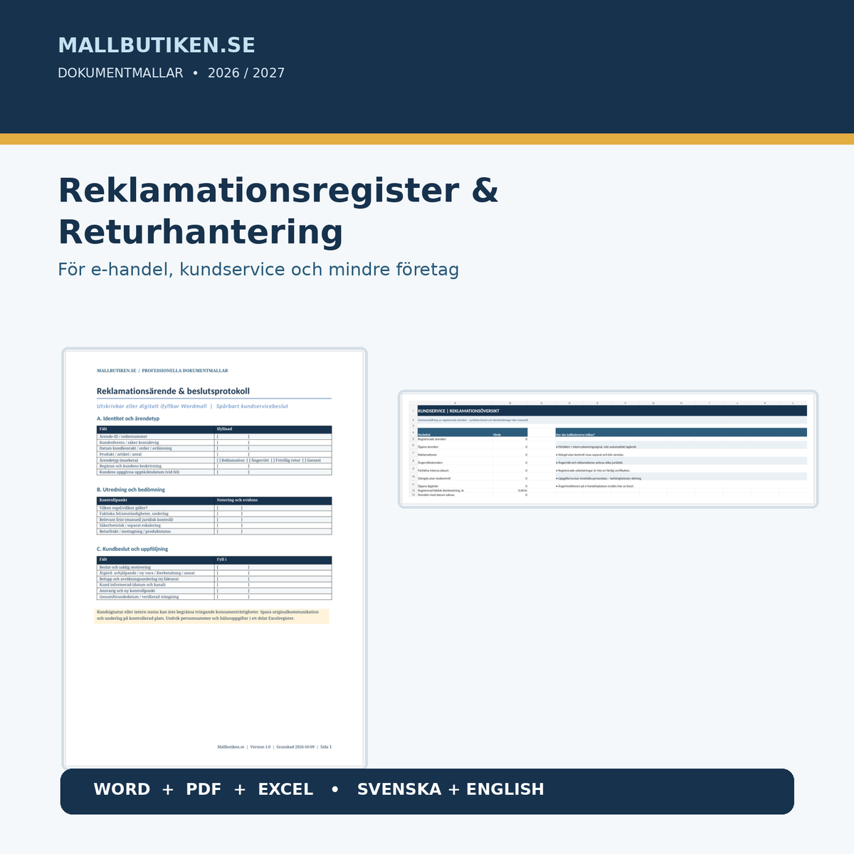 Reklamationsregister och returhantering 2026 2027 kundservice mallpaket Word PDF Excel