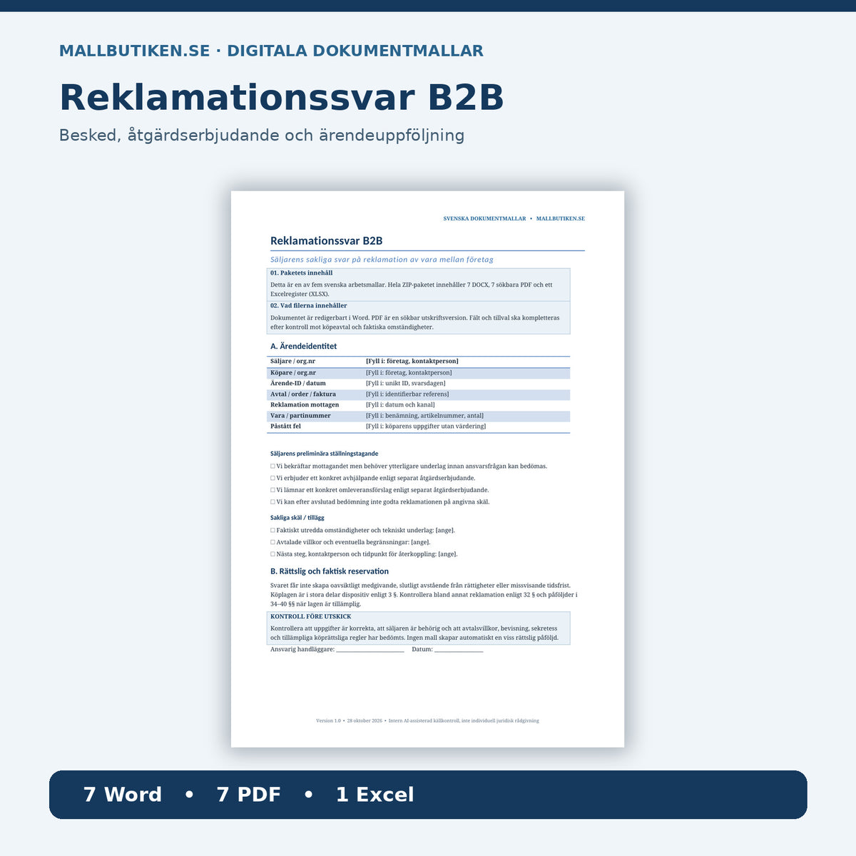 Reklamationssvar B2B – produktpaket Word PDF Excel med förhandsvisning av faktisk arbetsmall