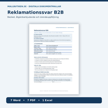 Reklamationssvar B2B – produktpaket Word PDF Excel med förhandsvisning av faktisk arbetsmall
