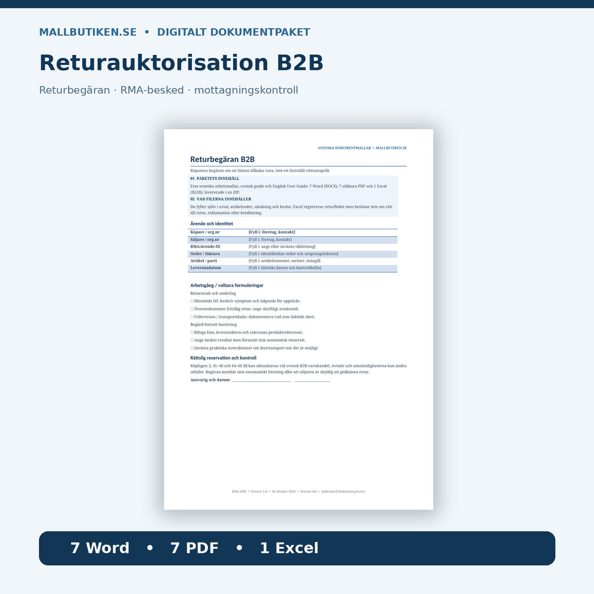 Returauktorisation RMA B2B produktbild Word PDF Excel med verklig returbegäran