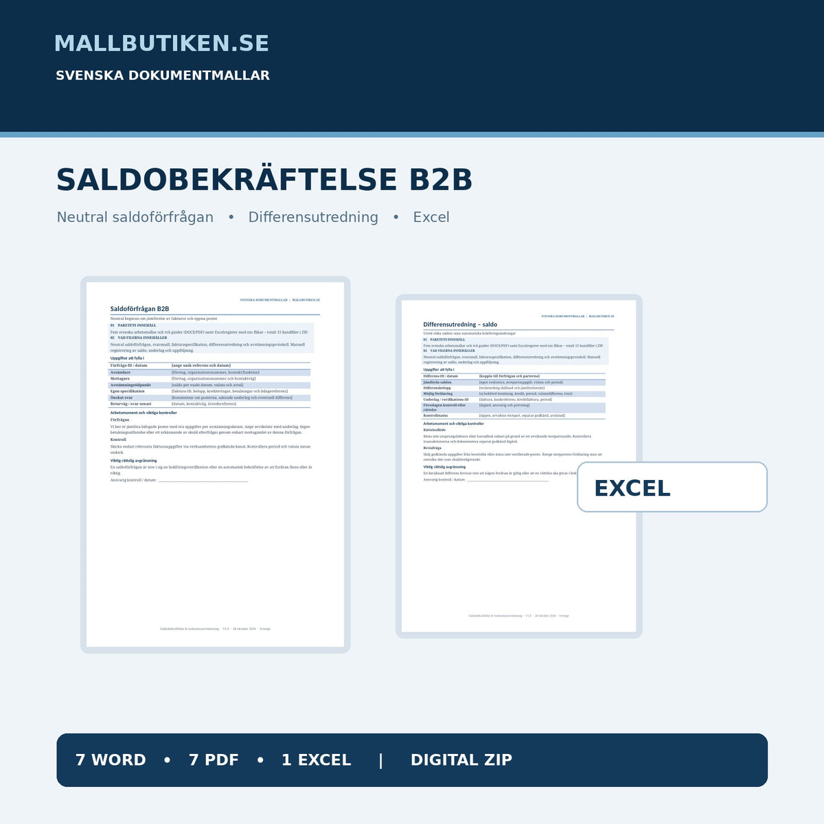 Saldobekräftelse B2B – Word PDF Excel, verklig neutral saldoförfrågan och differensutredning