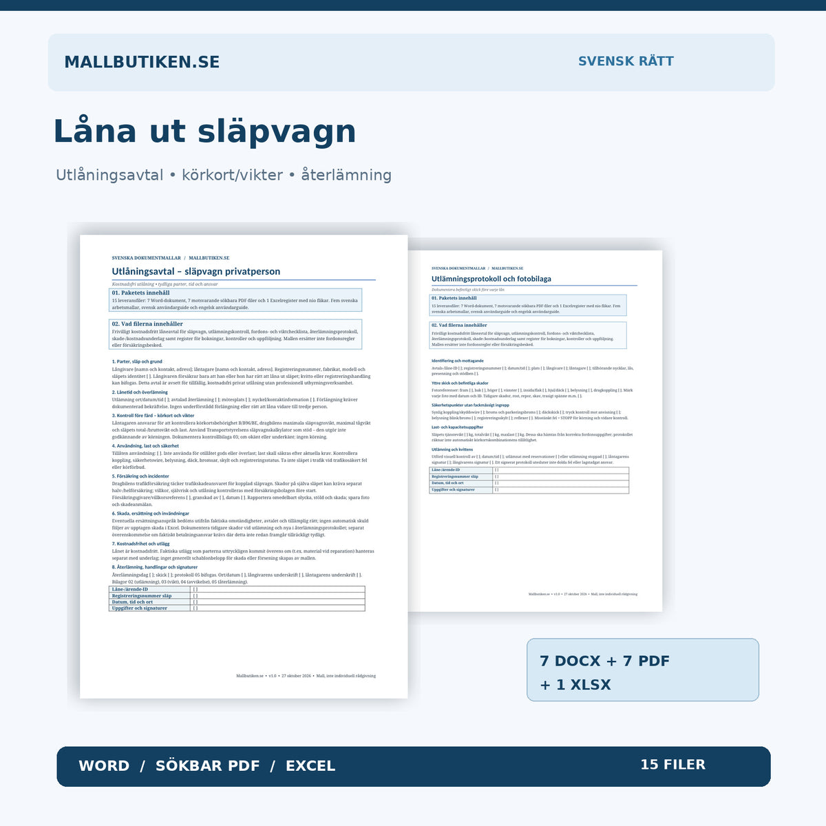 Utlåningsavtal släpvagn – 15 dokument i Word PDF Excel med utlämning och återlämning
