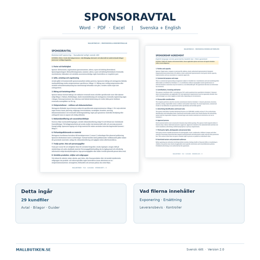 Sponsoravtal Word PDF Excel – 29 kundfiler med svensk och engelsk avtalsmall, guider och motprestationsregister
