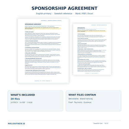 English Sponsorship Agreement Swedish law – 29 DOCX PDF XLSX files including Swedish references and Excel