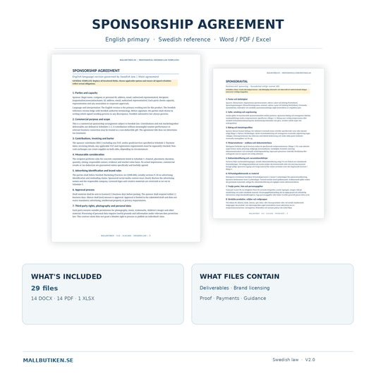 English Sponsorship Agreement Swedish law – 29 DOCX PDF XLSX files including Swedish references and Excel
