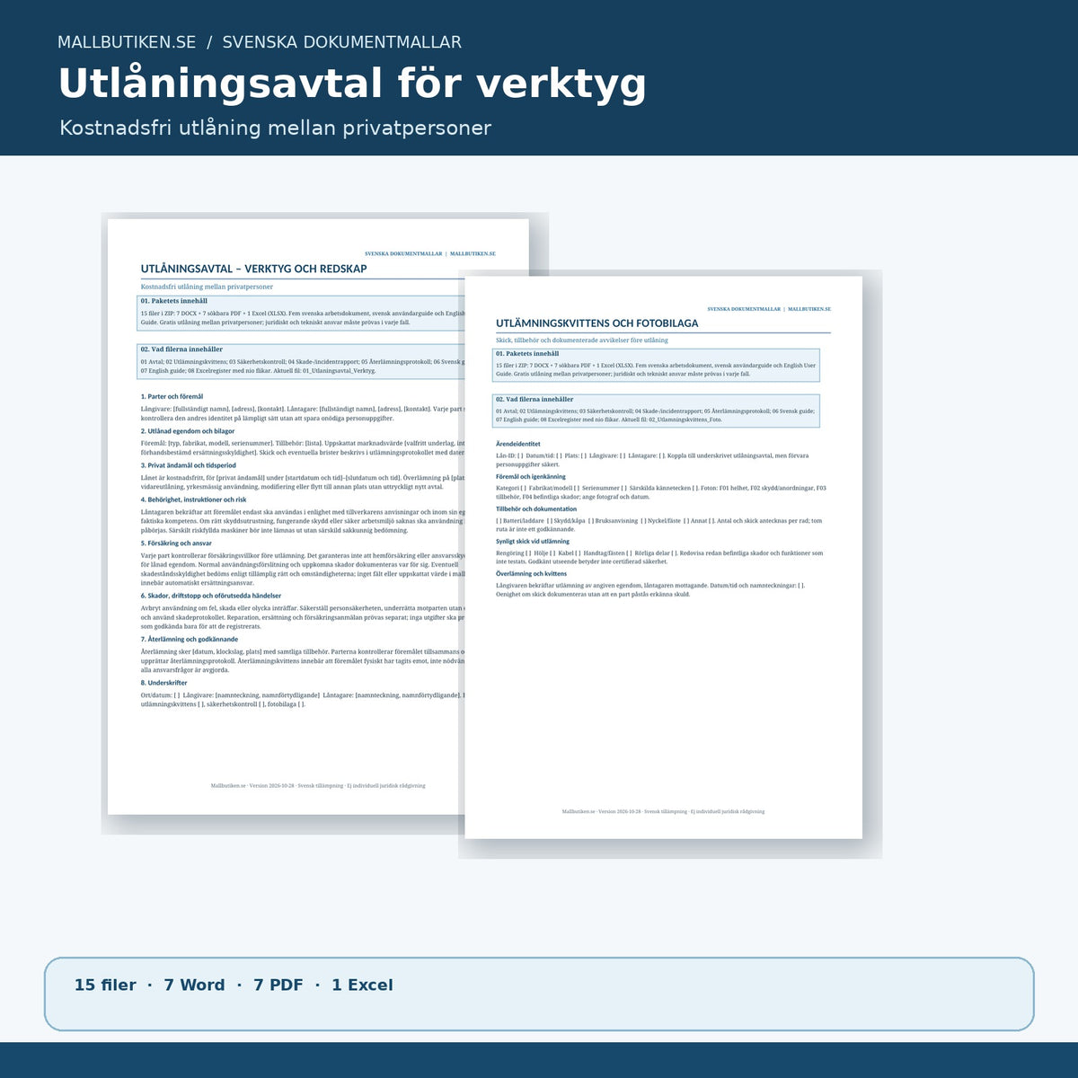 Utlåningsavtal verktyg privatpersoner, Word och PDF förhandsvisning