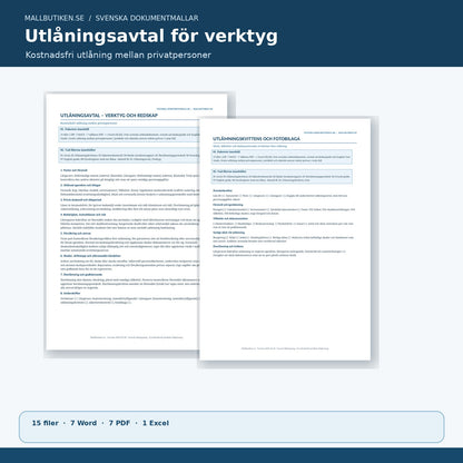 Utlåningsavtal verktyg privatpersoner, Word och PDF förhandsvisning