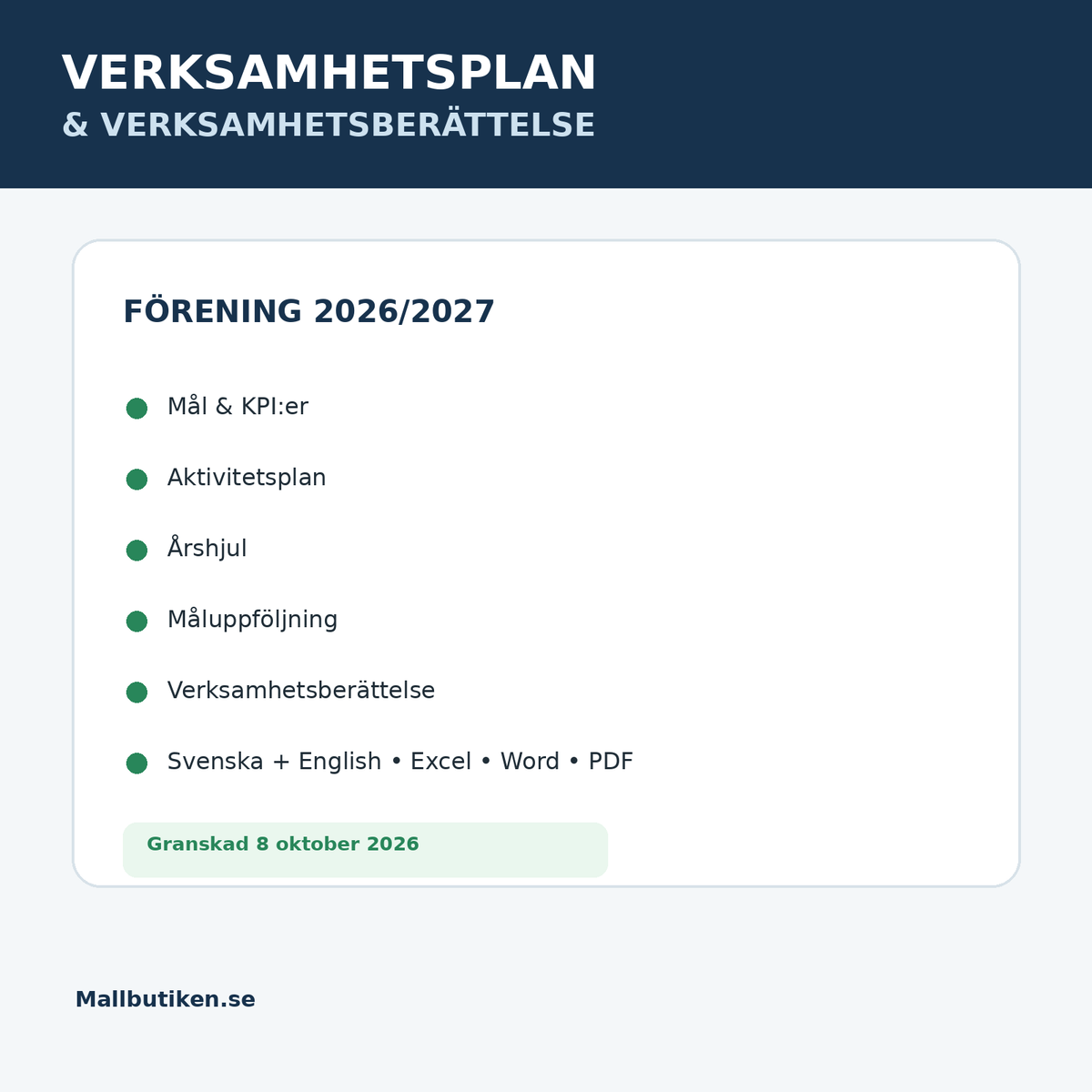 Verksamhetsplan och verksamhetsberättelse förening 2026 2027 Word PDF Excel