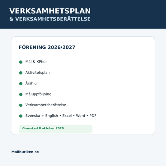 Verksamhetsplan och verksamhetsberättelse förening 2026 2027 Word PDF Excel