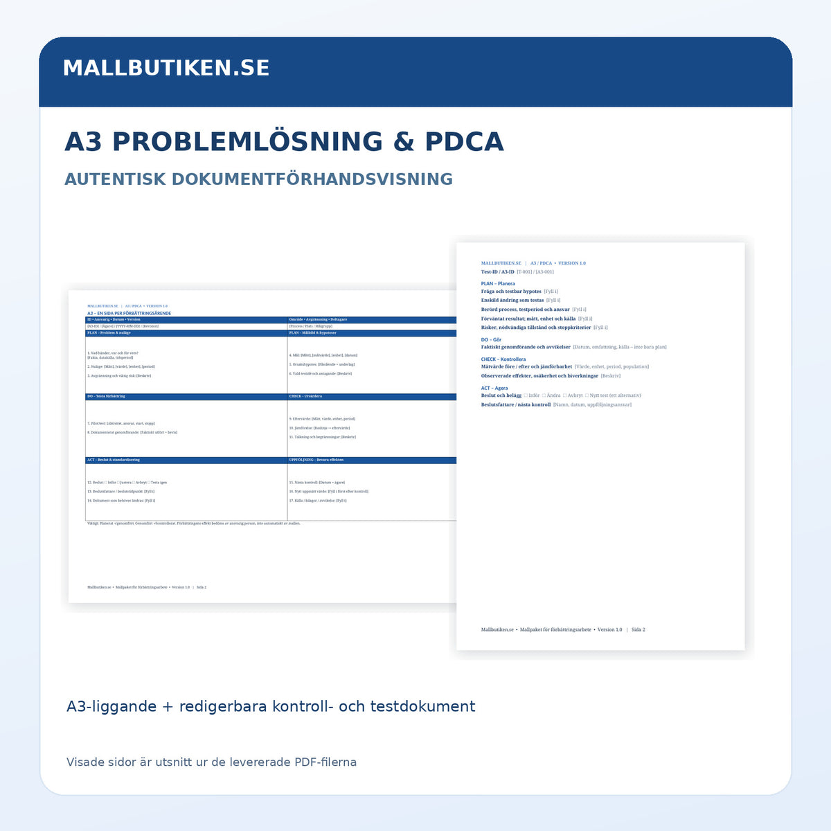 A3-rapport och PDCA-testkort, autentiska förhandsvisningar ur PDF-dokumenten