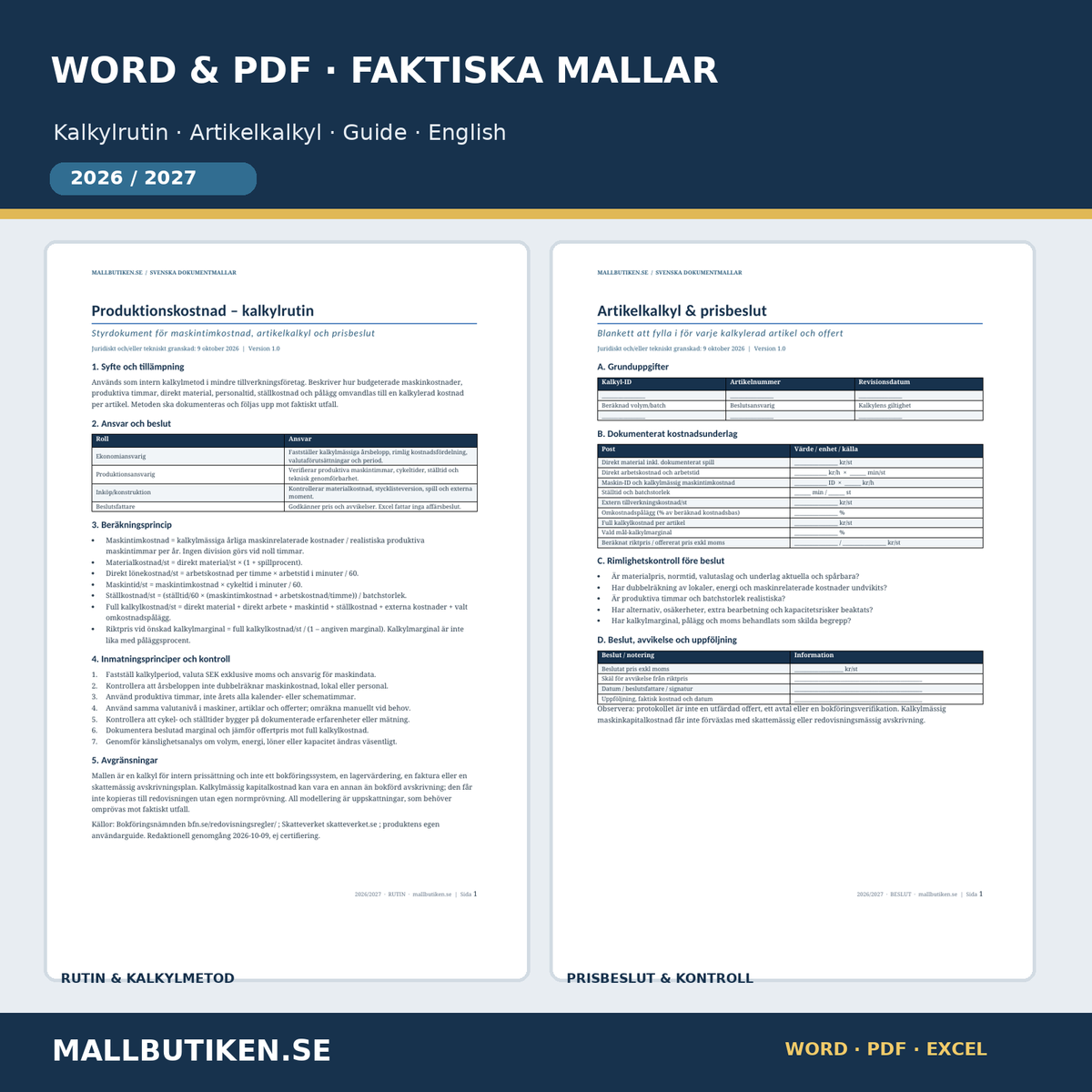 Produktionskostnad kalkylrutin och artikelkalkyl prisbeslut Word PDF