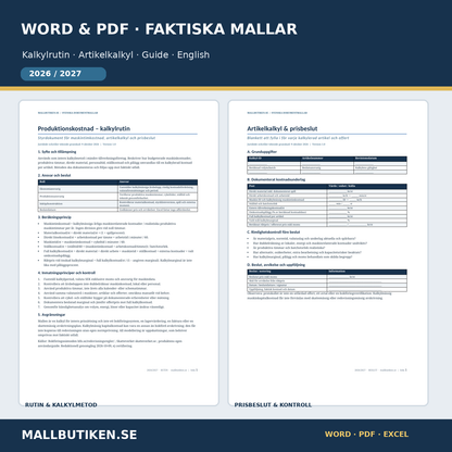 Produktionskostnad kalkylrutin och artikelkalkyl prisbeslut Word PDF