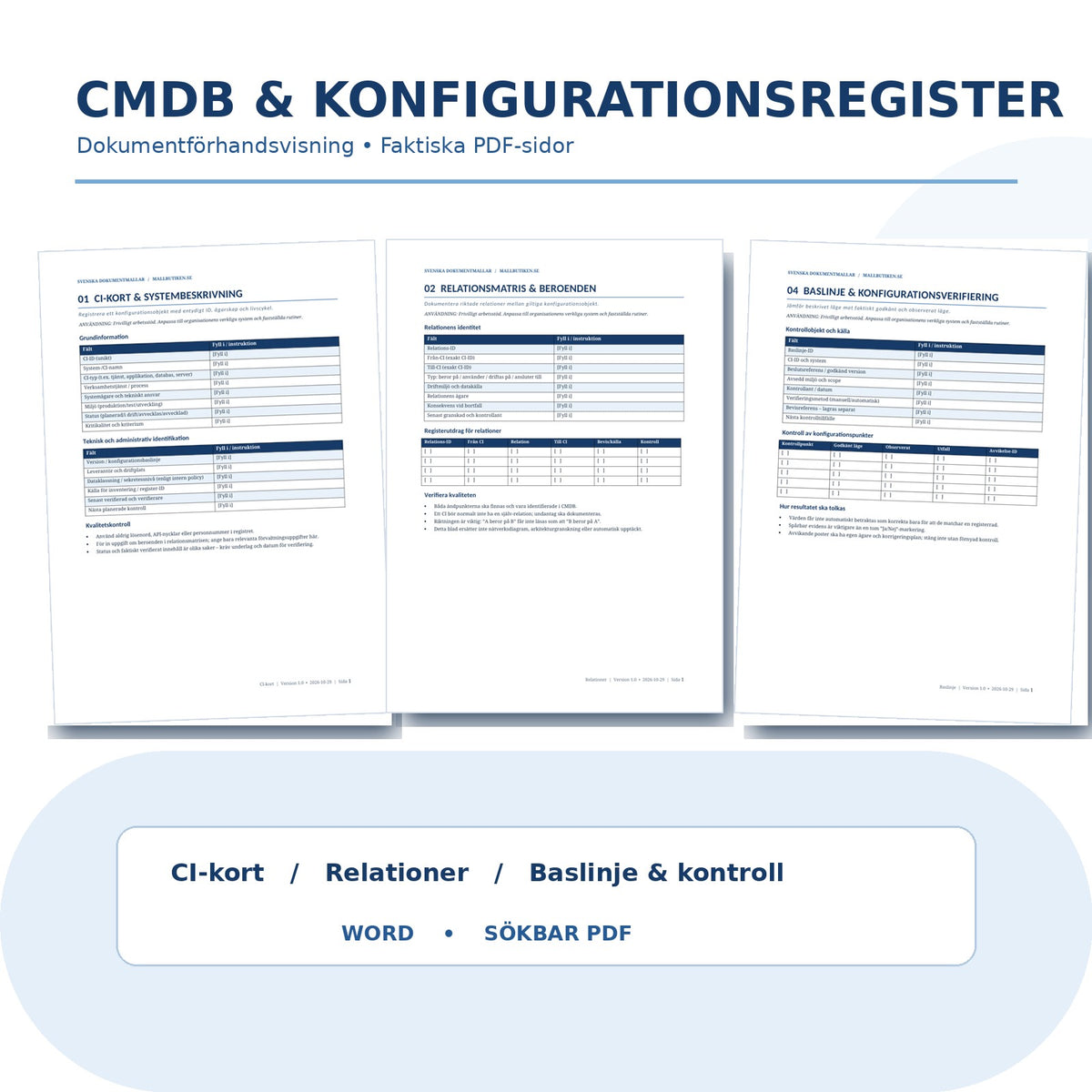 Autentisk förhandsvisning av CI-kort, relationsmatris och konfigurationsbaslinje från PDF-mallarna