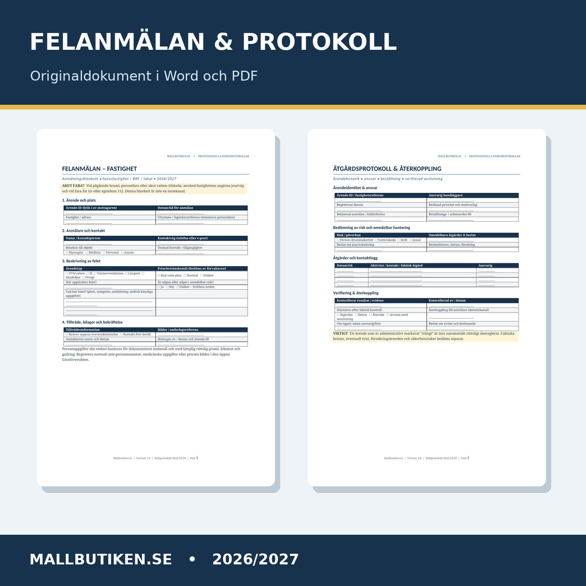 Felanmälan blankett och åtgärdsprotokoll Word PDF för BRF och hyresvärd